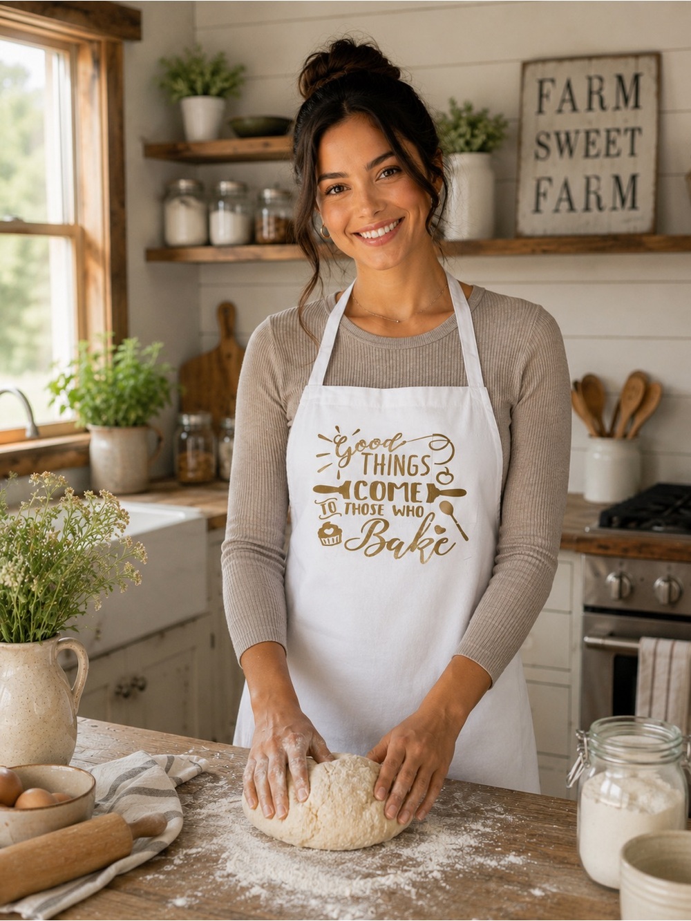 White Apron with Gold Baking Quote - Kitchen Apron